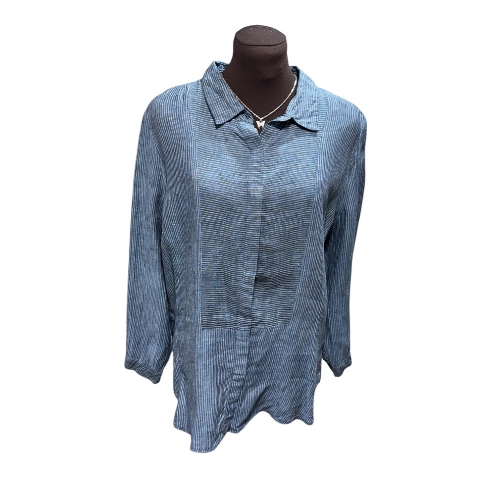 Krisa Womens 100% Linen Tunic Shirt Size M Blue Striped Button Front Made in USA